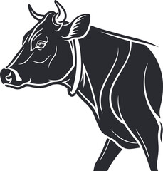 Stylized Black and White Vector Illustration of a Cow in Profile with Elegant Horn and Collar Detailing