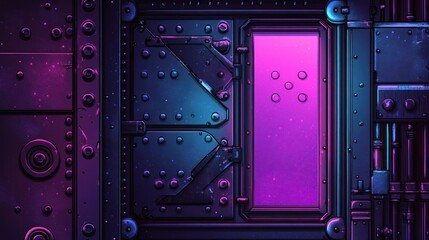 A stylized illustration of a large, metallic door with a glowing pink inner panel, set against a dark, space-like backdrop. 
