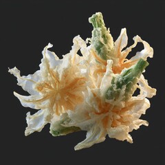 Intricate white and green flower with delicate petals and unique texture displayed against dark background in artistic arrangement