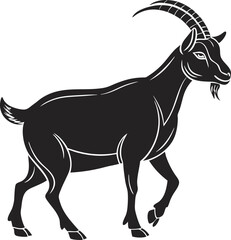 Stylized Black and White Vector Illustration of a Goat with Prominent Horns in an Elegant Walking Pose