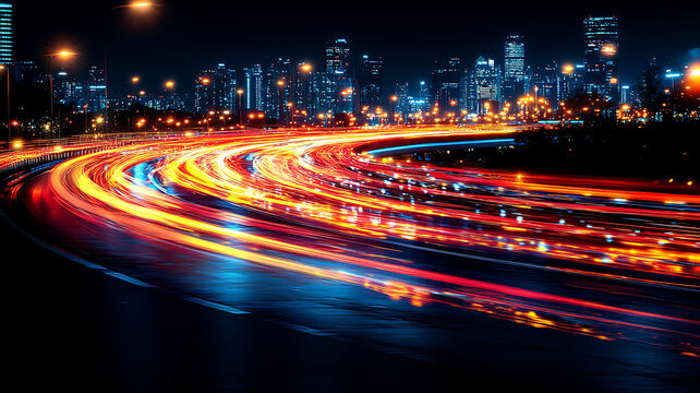 Dynamic light trails on urban highway at night capturing cityscape glow and fast transportation
