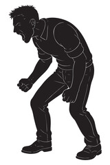 Fototapeta premium Silhouette of a man bent forward shouting with both fists down, aggressive man silhouette