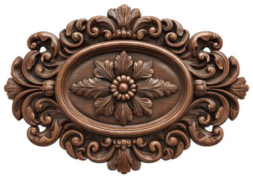 Ornate wooden oval carving, detailed floral and scrollwork design