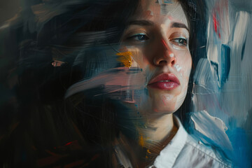 portrait of a young girl painted in oil paints with large textural strokes close-up