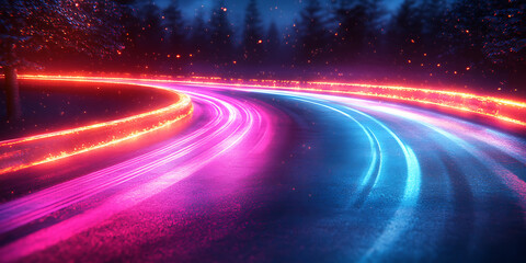 Dynamic night road scenery with vibrant pink and blue light trails through forest landscape creates atmospheric and futuristic mood