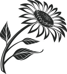 Stylized Vector Silhouette of Sunflower with Detailed Petals and Leaves on White Background