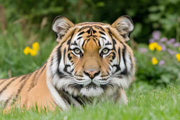 Fototapeta premium Close encounter with a majestic tiger resting in lush grass