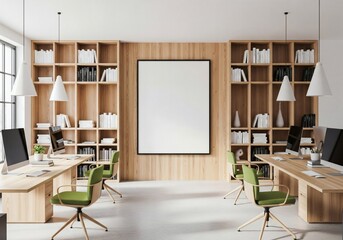  Blank poster mockup on wooden wall in modern library interior with bookshelves and computer desks in soft daylight environment. 3D Rendering 