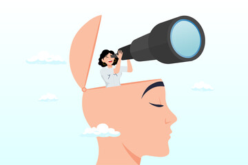 Smart businesswoman with binoculars open his head above cloud storm for clear vision, clear business vision to see future opportunity, challenge to overcome difficulty to see real visionary concept