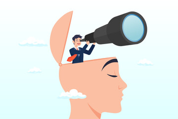 Smart businessman with binoculars open his head above cloud storm for clear vision, clear business vision to see future opportunity, challenge to overcome difficulty to see real visionary concept
