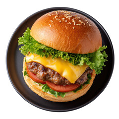 Juicy Beef Burger with Melted Cheese, Fresh Lettuce, and Tomato on a Golden Toasted Bun Viewed from Above
