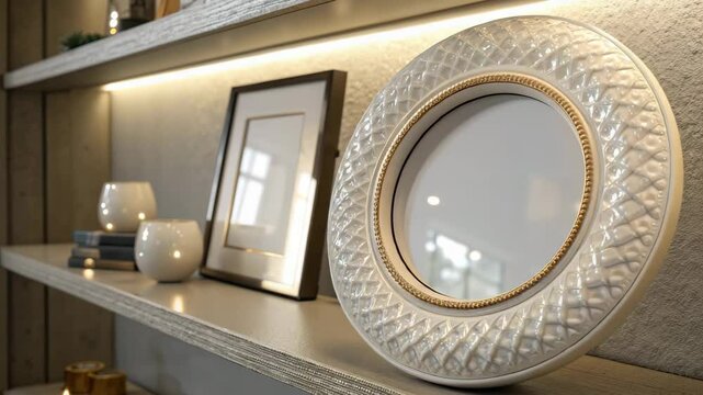 Stylish decorative frames for photos and paintings on a modern shelf display case