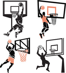Bundle of multiple basketball player silhouettes performing slam dunks. Each vector shows a unique pose and action, making this set perfect for collections, merch, and sports-themed design projects. © Fadli