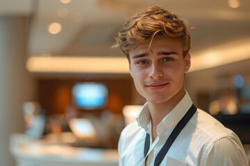 portrait of a handsome young man in a white shirt with blond hair against the background of the hotel reception, who smiles and looks at the camera