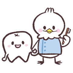 	歯科医の白い鳥と歯が並んで立つイラスト