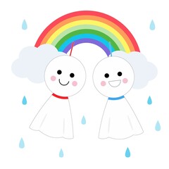 てるてる坊主と虹と雫のイラスト