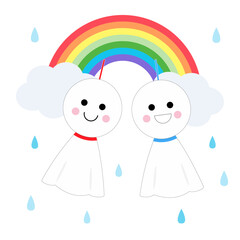 てるてる坊主と虹と雫のイラスト