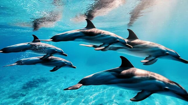 A group of dolphins swimming in the ocean. The water is blue and the dolphins are in the middle of the ocean