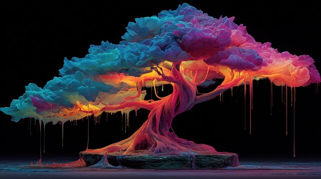 An abstract 3D tree sculpture made of molten plastic in vibrant neon hues, emanating a futuristic cyberpunk aesthetic against a dark background.