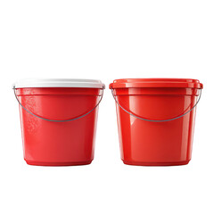 Two Colorful Plastic Buckets in Red and White Suitable for Various Household and Outdoor Uses Including Cleaning, Gardening, and Storage Applications