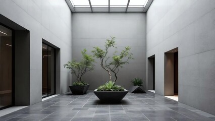 Modern Minimalist Courtyard Design Serene Indoor Garden with Concrete Walls and Geometric Planters