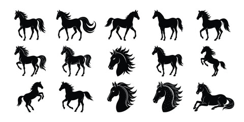 Set of Black and White Horse Silhouettes