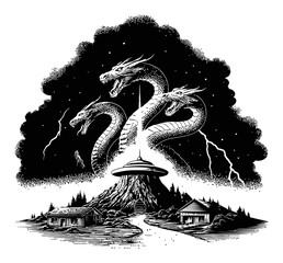 Intricate Dragon Engraving with Three Heads and Mystical Landscape Illustration