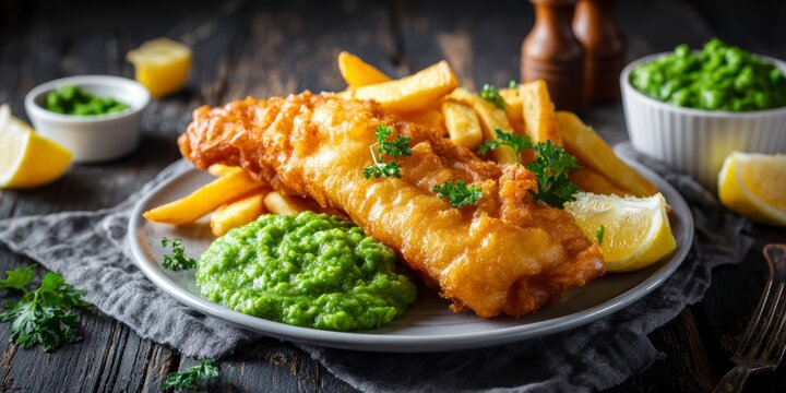 Classic british fish and chips dish accompanied by mushy peas, lemon, and parsley on a white plate against a dark wooden background - Powered by Adobe