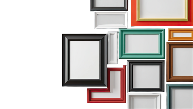 Colorful picture frames clustered on black background - Powered by Adobe