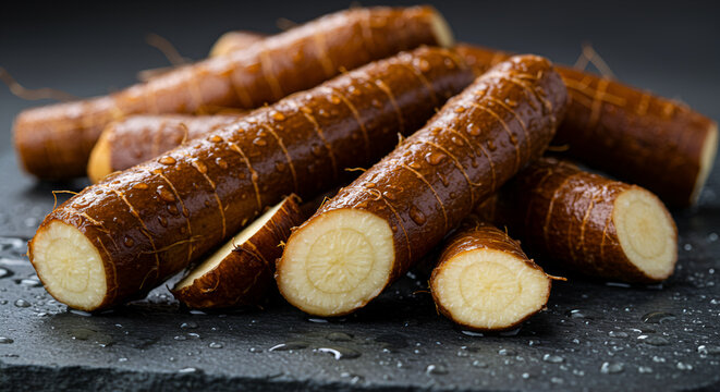 Burdock root vegetable with water drops