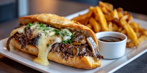 Delicious philly cheesesteak sandwich served with melted cheese on a white plate, alongside a side of crispy fries