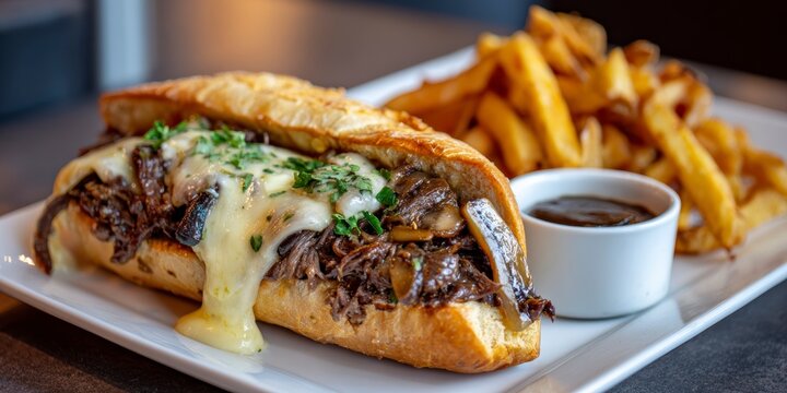 Delicious philly cheesesteak sandwich served with melted cheese on a white plate, alongside a side of crispy fries