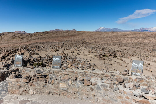 Various volcanoes visible from Patapampa viewpoint near Colca canyon, Peru