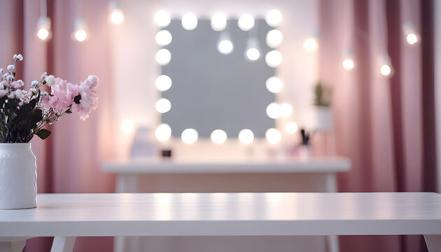 Defocused makeup mirror in dressing room with wooden table top