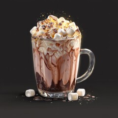 Creamy hot chocolate topped with fluffy marshmallows and drizzled caramel in clear glass mug on dark background