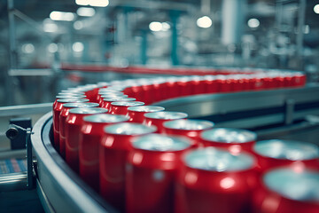 Red aluminum cans moving on conveyor belt in beverage factory