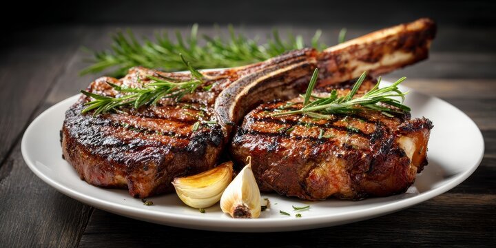 Grilled tomahawk steaks with garlic and rosemary on a white plate against a dark wooden background