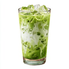 Refreshing Green Beverage with Ice in Glass, Creamy Layer, Unique Color Mixing, Ideal for Summer Thirst Quenching