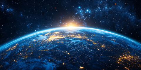 Obraz premium Earth from space at night with city lights and rising sun over horizon and starry galaxy background