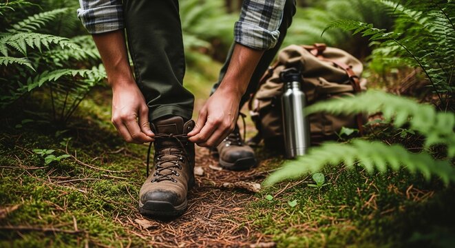Hiker Tying Boots Preparing for Forest Trail Walk