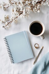on a white background Blue Notepad Mockup with Coffee and Accessories