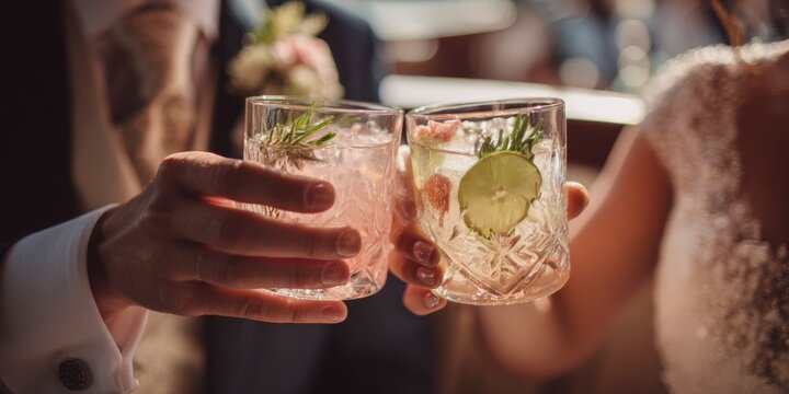 Newlyweds raise their glasses in a toast, celebrating their marriage with cocktails