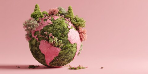 Pink Earth globe with plants and moss growing on pink background promoting environmental awareness and Earth Day