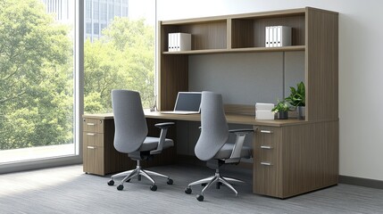 Fototapeta premium Office workspace with built-in desk and shelving