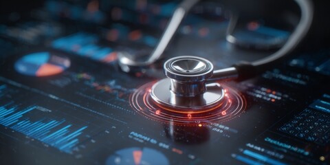 Stethoscope analyzing healthcare data with modern digital display showing charts and numbers, concept for medical technology and diagnosis