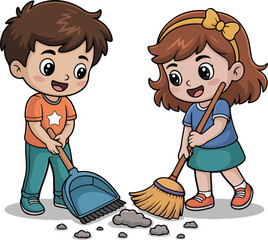 Children helping to clean with a broom and dustpan