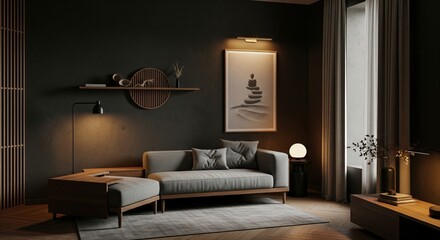 Dark Japandi interior with walnut wood accents, low-profile grey fabric sofa