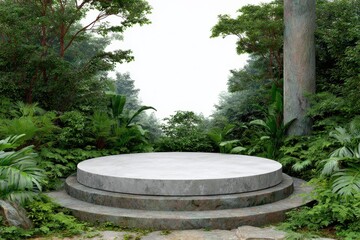 Circular concrete platform in lush tropical forest setting