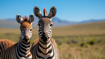 Fototapeta premium Two Adorable Zebras in Scenic Landscape Under Clear Blue Sky in Natural Habitat