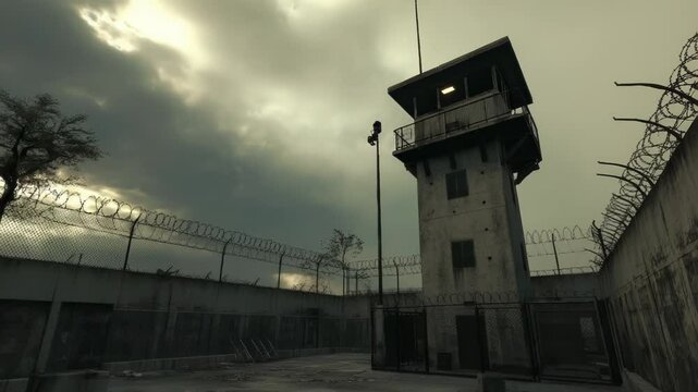 Eerie prison yard with a lonely guard tower under a cloudy sky on abandoned jail
